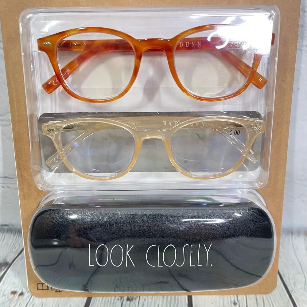 Rae Dunn Premium Blue Light Blocking 0.00 2 Glasses + Case Brown Ivory